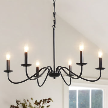 Chandelier | Wrought Iron | Six Light Candle-Style Curved Arms | Classic Home Decor
