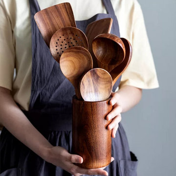 Rustic Teak Wood Kitchen Utensil Set with Holder - Eco-Friendly Design