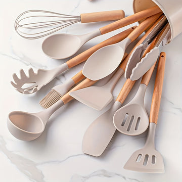 Premium 12-Piece Silicone and Wood Kitchen Utensil Set - Heat Resistant & Ergonomic