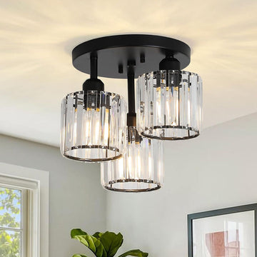 Modern Crystal Semi-Flush Ceiling Light with Ribbed Glass Shades – 3-Light Fixture