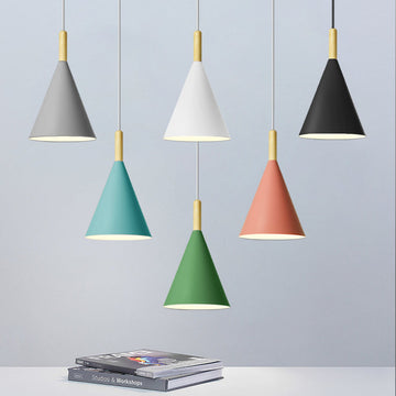 Modern Cone Pendant Light with Wood Accent – Minimalist Nordic Ceiling Fixture