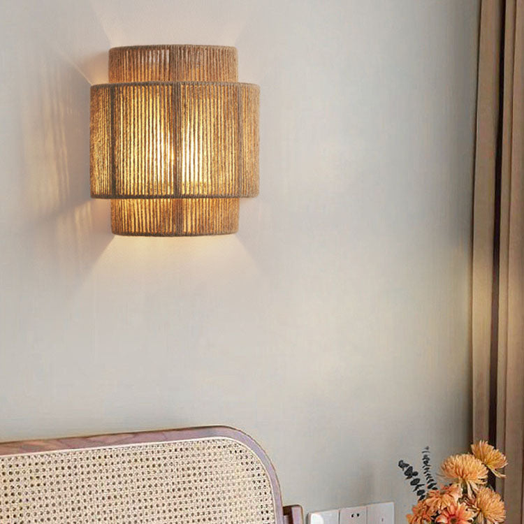 Japanese Woven Rope Wall Light – Boho Coastal Dual-Tier Sconce for Living Room/Bedroom