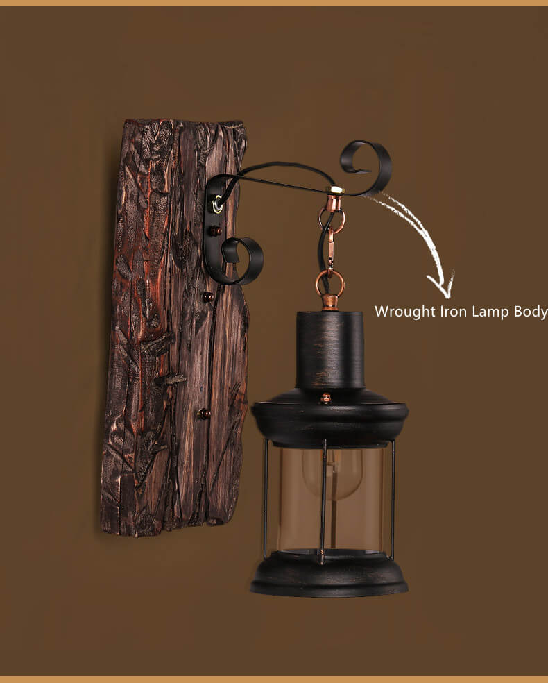 Rustic Lantern Wall Sconce with Glass and Iron for Vintage Decor