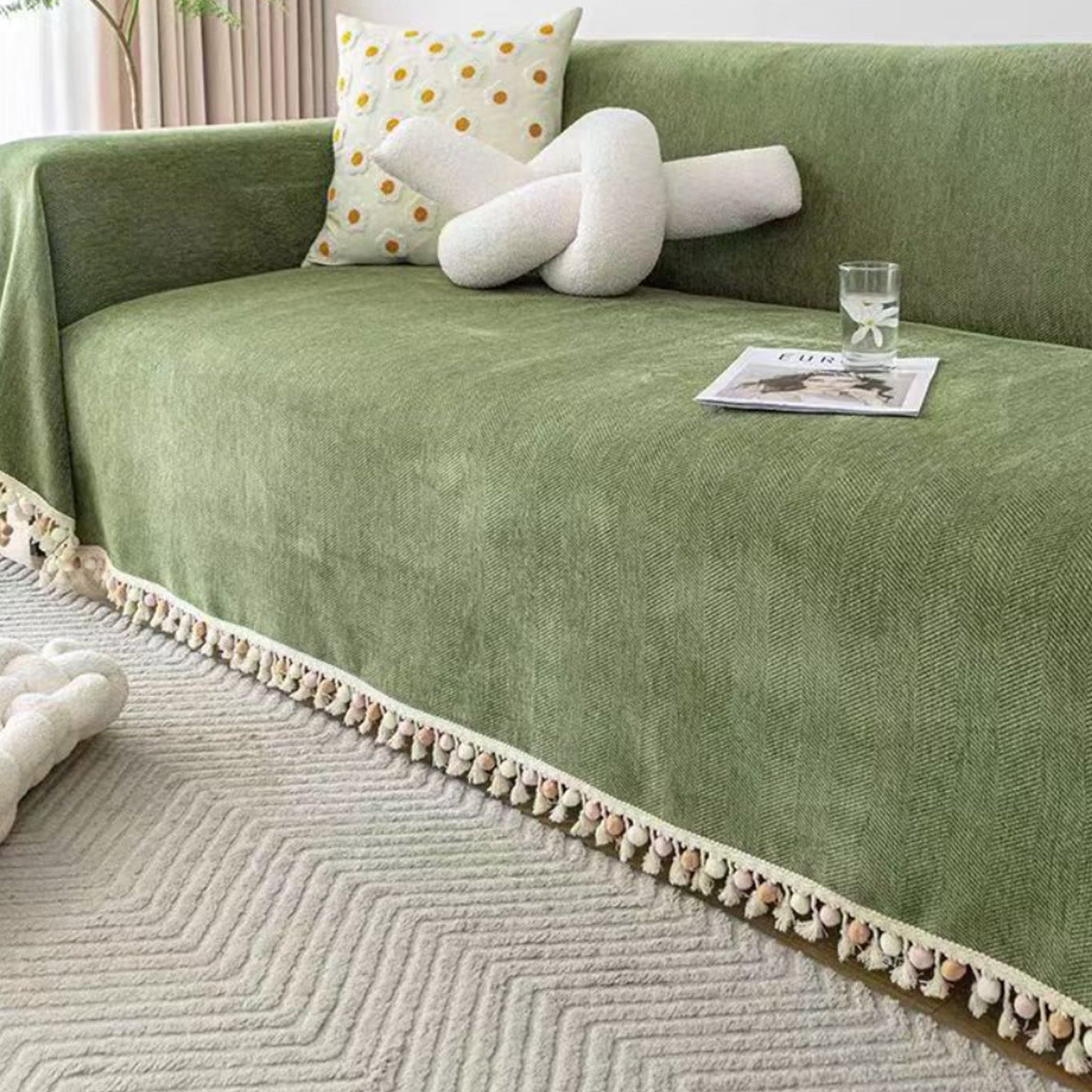 Sofa Cover | Cotton & Polyester Blend | Herringbone Tassel | Living Room Cozy Decor