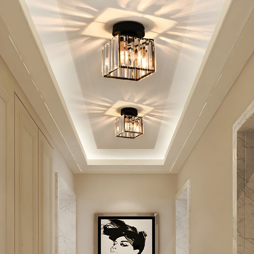 Contemporary Flush Ceiling Light with Crystal Rods & Brass Cage – E27 Fitting