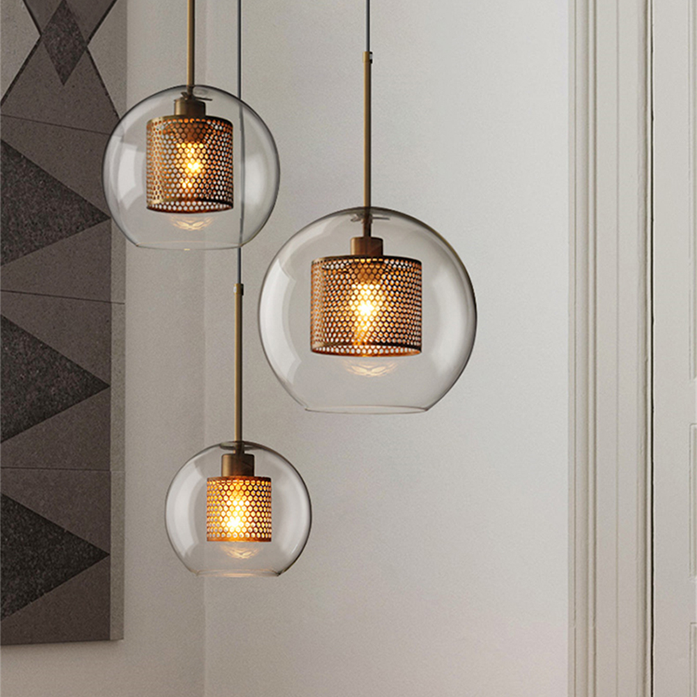 Modern Glass Pendant Light with Perforated Metal Inner Shade – Contemporary Ceiling Fixture