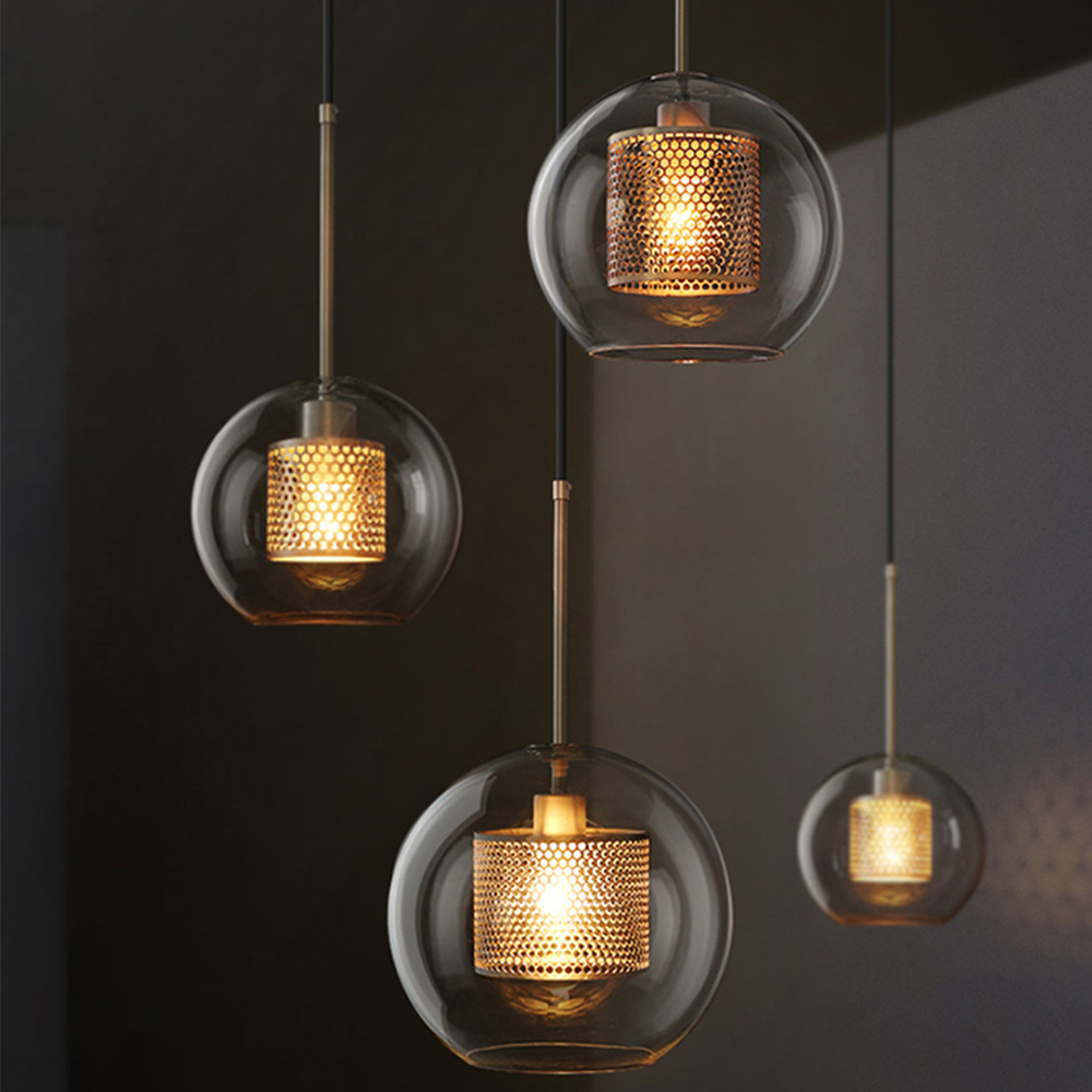 Modern Glass Pendant Light with Perforated Metal Inner Shade – Contemporary Ceiling Fixture