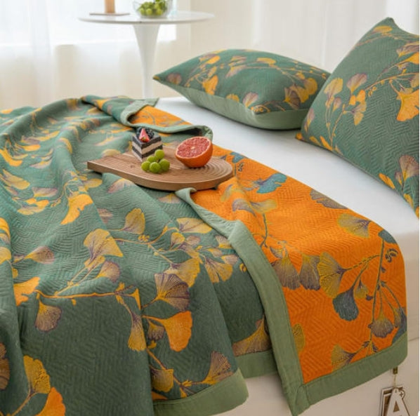 Cotton Jacquard Quilt – Ginkgo Leaf Reversible Design – Soft Cotton & Soy Fiber – Lightweight Summer Blanket