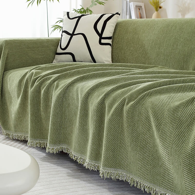 Blanket | Chenille | Herringbone Pattern & Tassel Edges | Living Room Accent