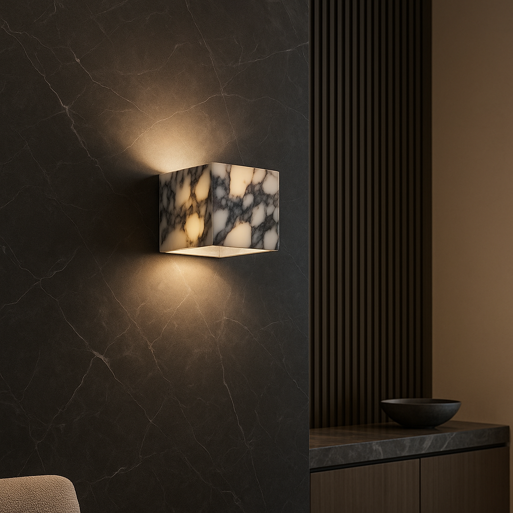 Wall Lamp | Marble & Brushed Metal | Marble Cube Design | Living Room Accent