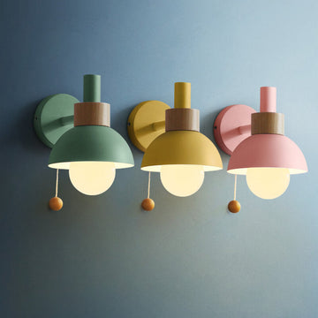 Modern Nordic Wall Sconce Light – Iron & Glass Globe with Wooden Pull Cord, E26 Fitting