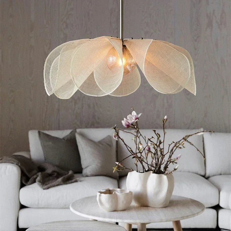 Pendant Light | Linen Fabric & Brushed Metal | Petal-Like Fabric Design | Living Room Accent