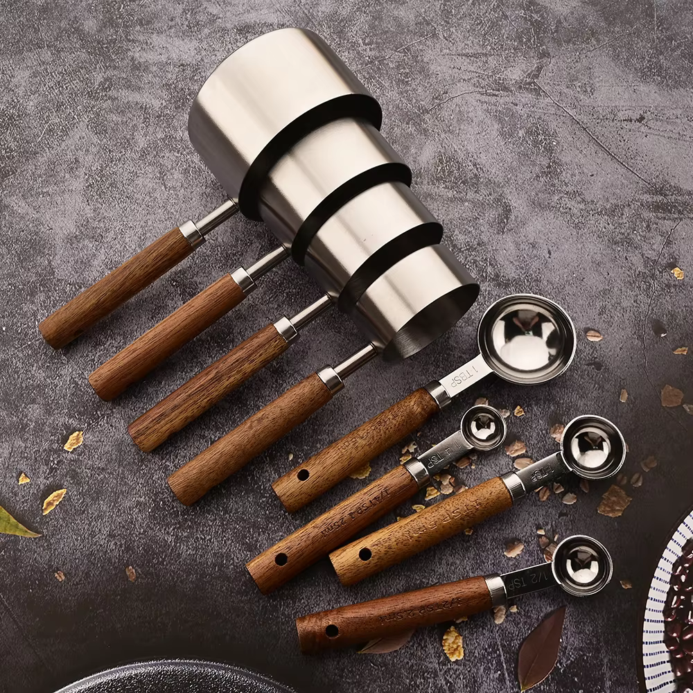Measuring Set | Solid Oak & Stainless Steel | Ergonomic Handles | Gourmet Kitchen Use