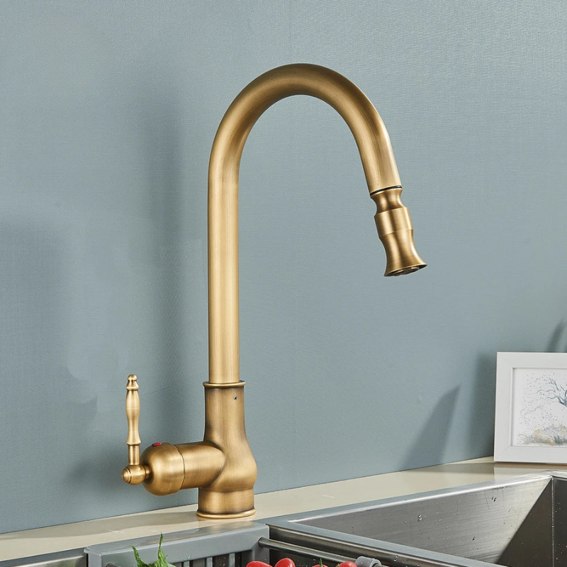 Vintage Brass Kitchen Faucet with Swivel Spout and Single Handle