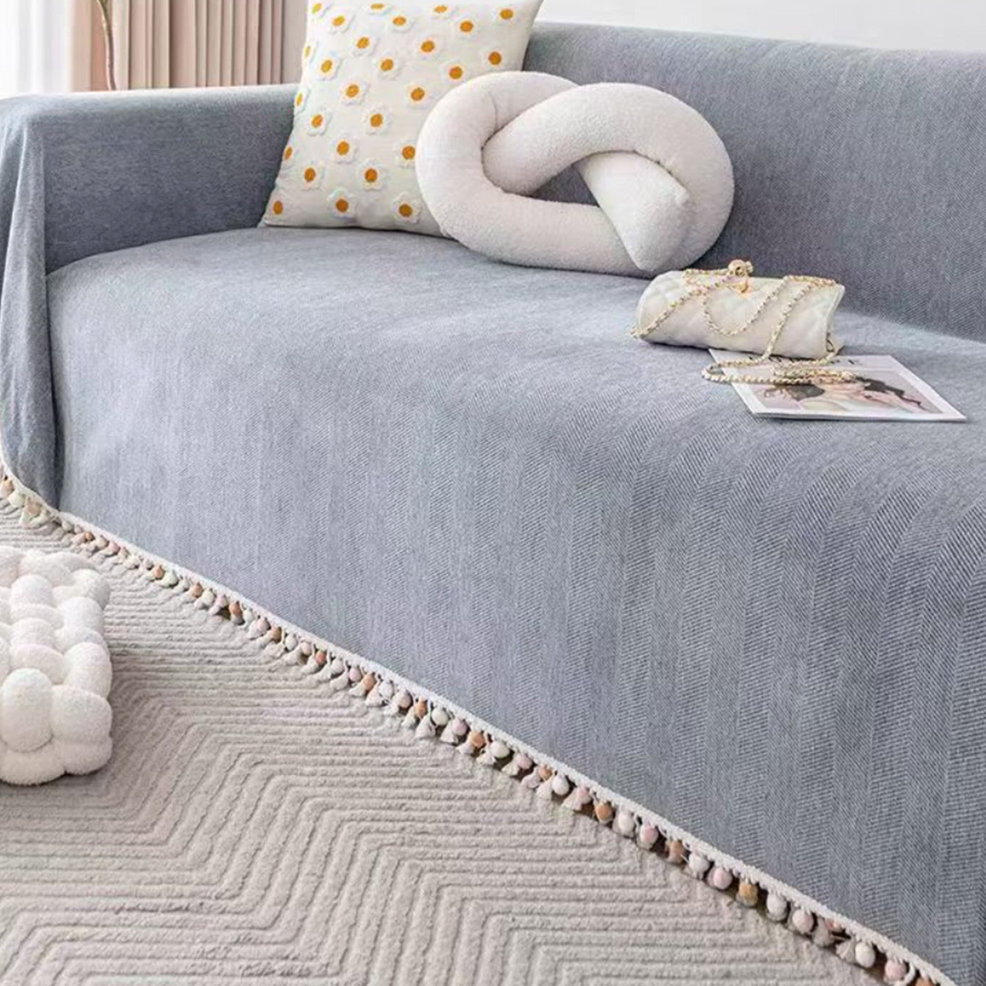Sofa Cover | Cotton & Polyester Blend | Herringbone Tassel | Living Room Cozy Decor