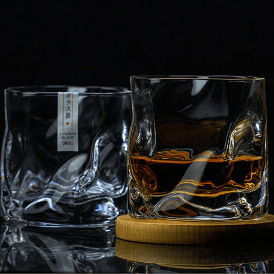 Whisky Tumbler Edo Kiriko Crumple Design with Wood Coaster