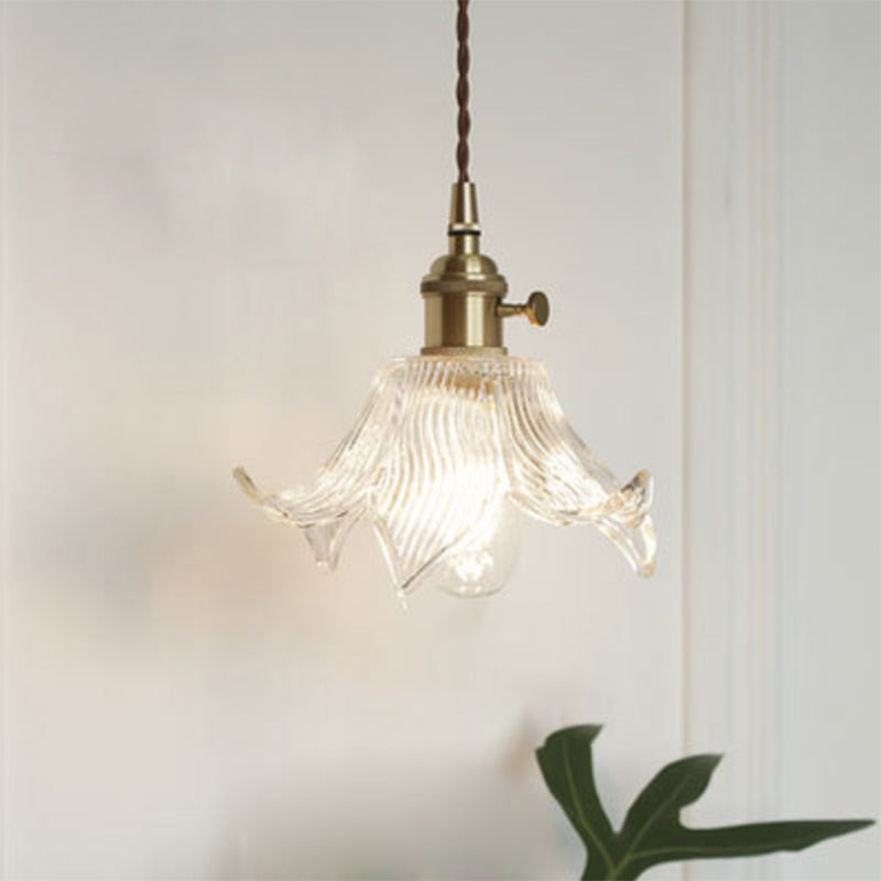 Pendant Light | Ribbed Glass & Brass | Petal-Like Shade | Living Room Accent