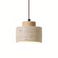 Pendant Lamp | Travertine Stone & Dark Wood | Modern Organic Cylindrical Design | Living Room Accent