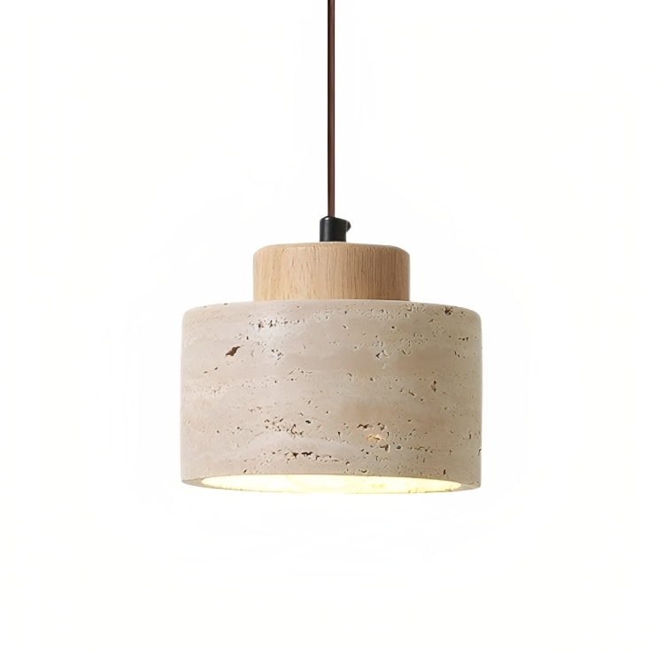 Pendant Lamp | Travertine Stone & Dark Wood | Modern Organic Cylindrical Design | Living Room Accent