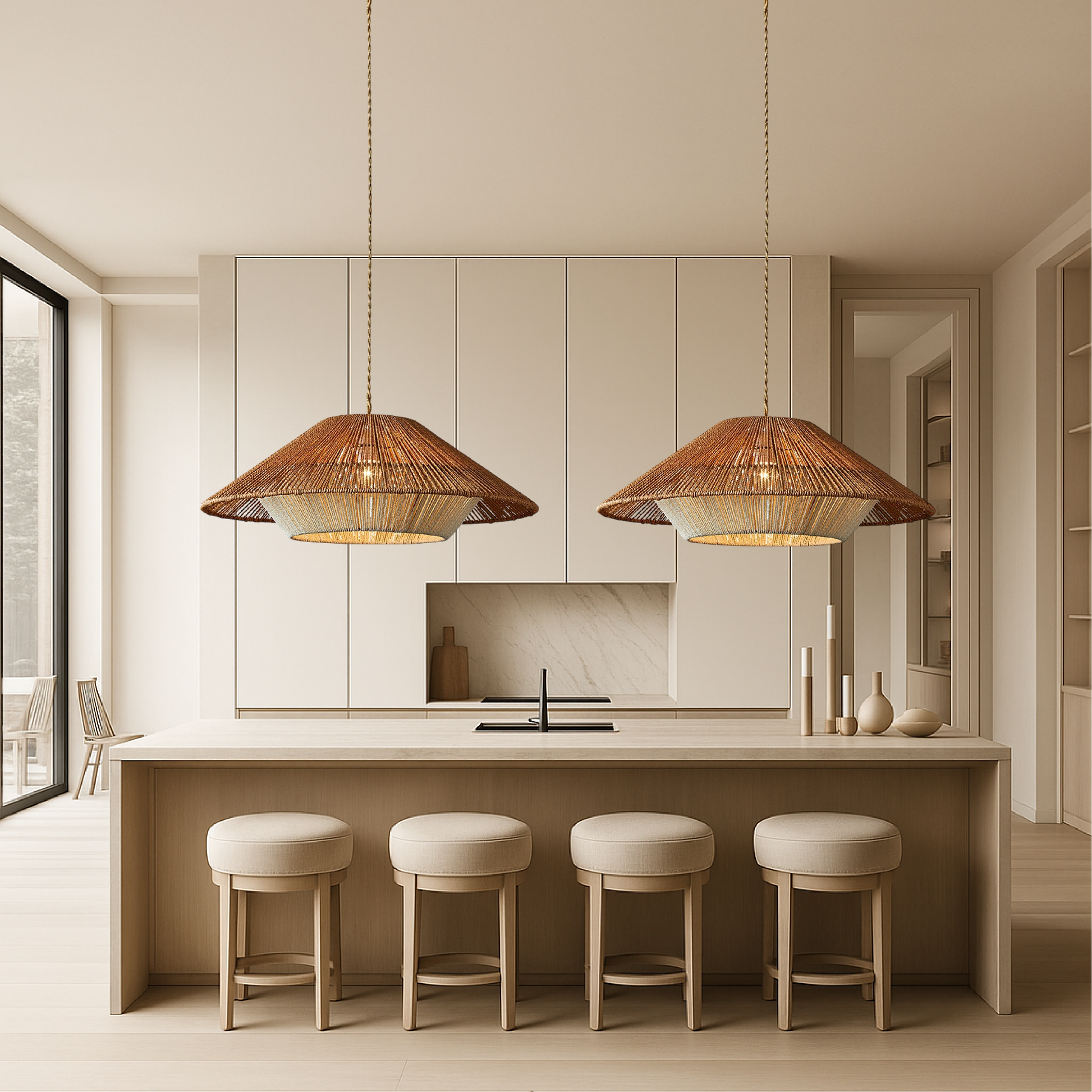 Pendant Light | Bamboo & Textile Cord | Woven Texture | Living Room Ambiance