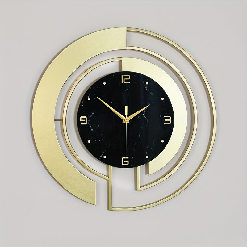 Wall Clock | Brushed Gold Metal & Black Marble | Intersecting Circular Design | Urban Living Room