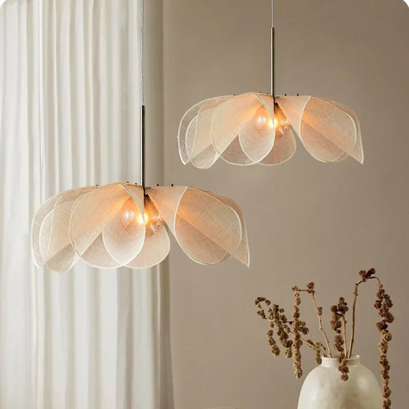 Pendant Light | Linen Fabric & Brushed Metal | Petal-Like Fabric Design | Living Room Accent