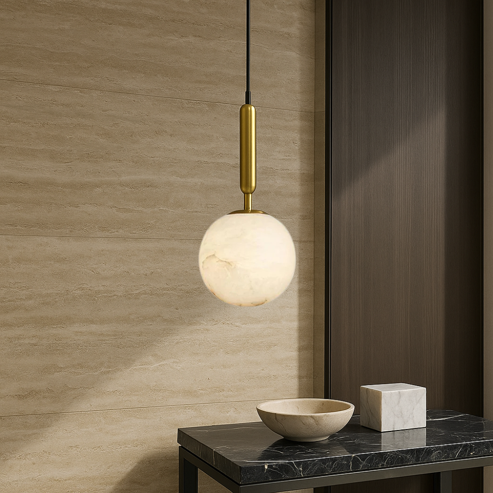Pendant Light | Brass & Stone | Round Stone Shade | Living Room Accent