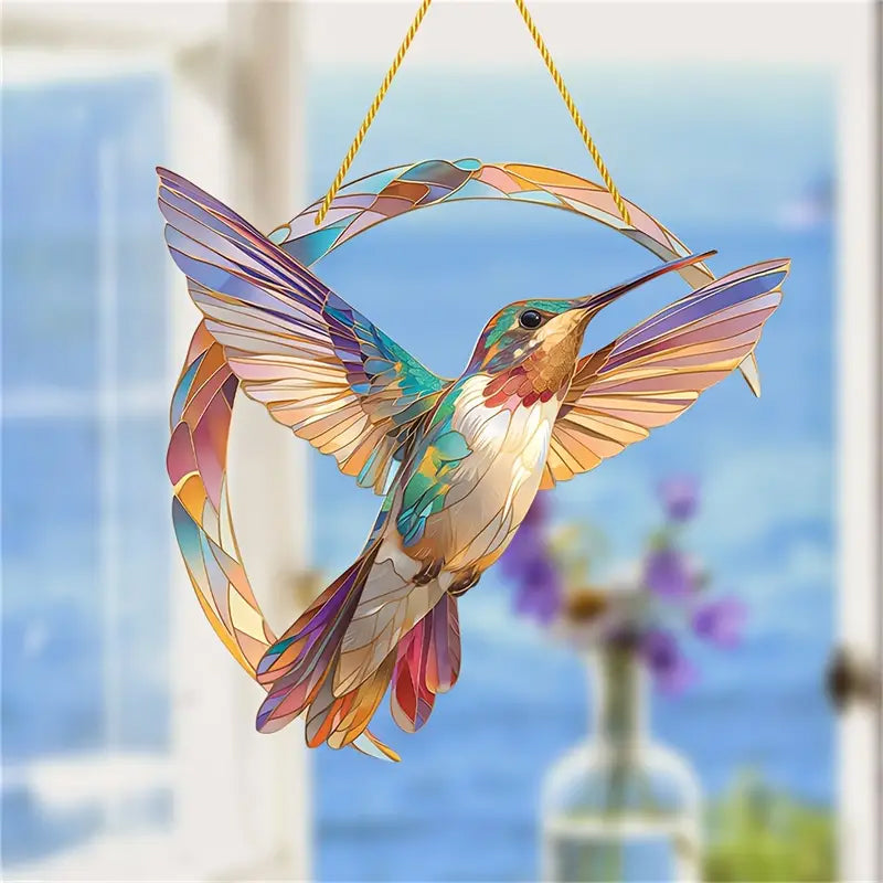 Art Nouveau Stained Glass Hummingbird Suncatcher Ornament - Handcrafted Acrylic Decor