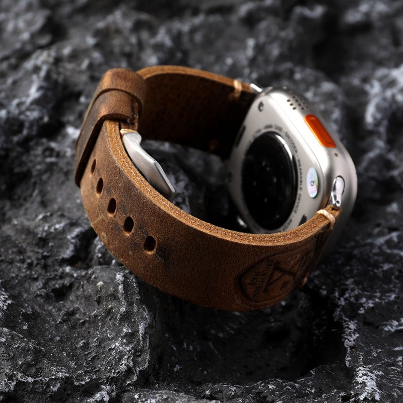 Handcrafted Vintage Leather Apple Watch Band with Rugged Stitching