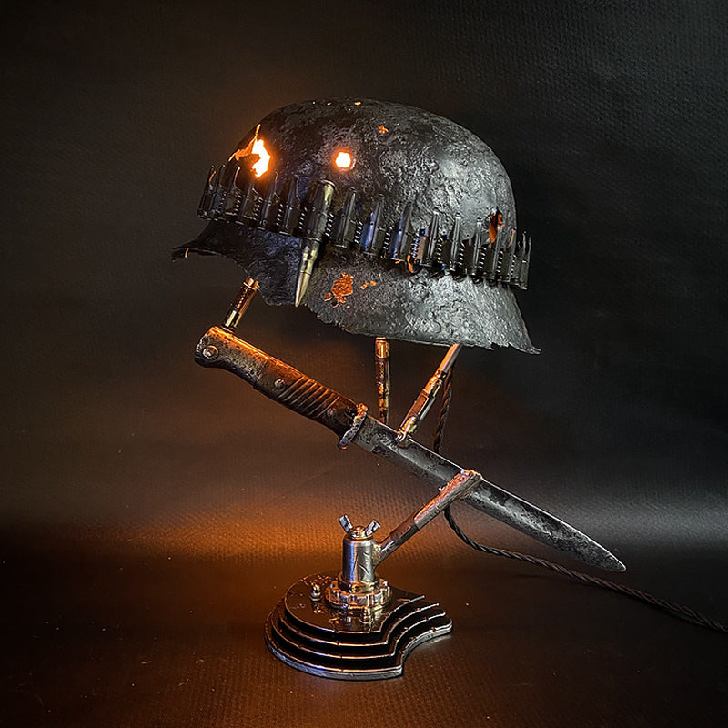 Industrial Vintage Military Helmet Table Lamp with Bullet Casings and Knife Stand
