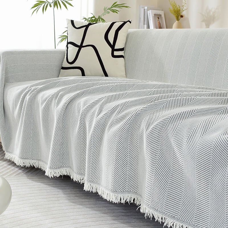 Blanket | Chenille | Herringbone Pattern & Tassel Edges | Living Room Accent