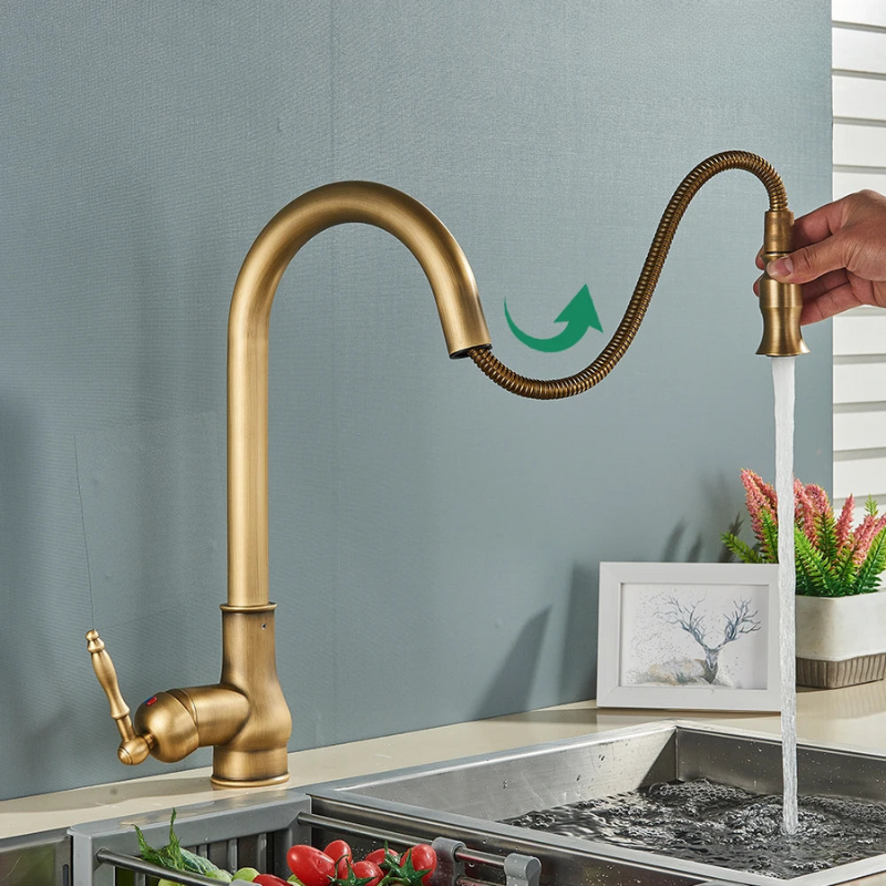 Antique Brass Kitchen Faucet with Swivel Spout and Single Lever Handle