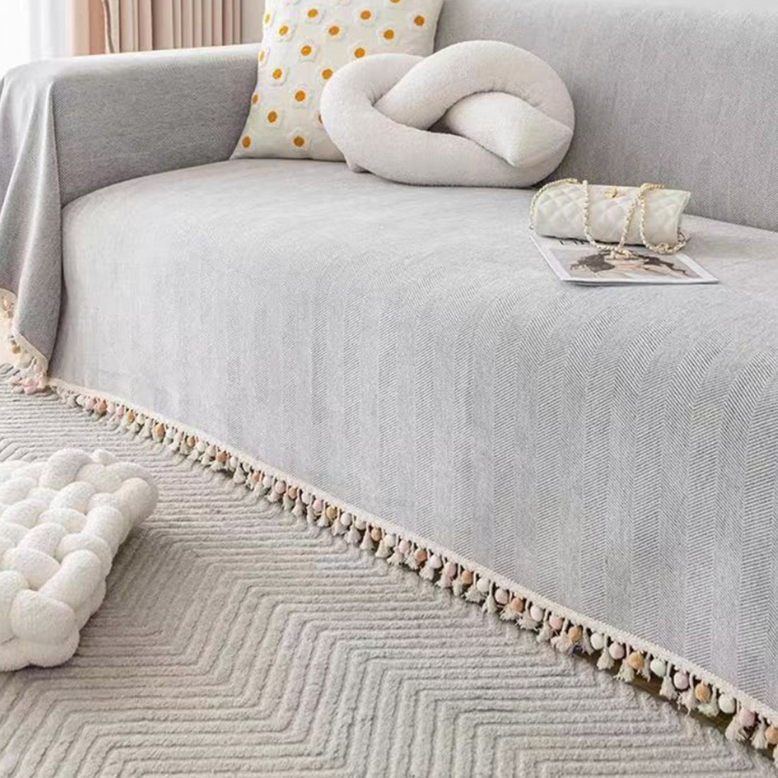 Sofa Cover | Cotton & Polyester Blend | Herringbone Tassel | Living Room Cozy Decor