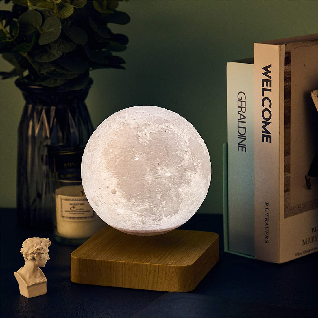 Table Lamp | 3D Printed Plastic & Natural Wood | Levitating Moon Surface | Living Room Accent