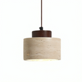 Pendant Lamp | Travertine Stone & Dark Wood | Modern Organic Cylindrical Design | Living Room Accent
