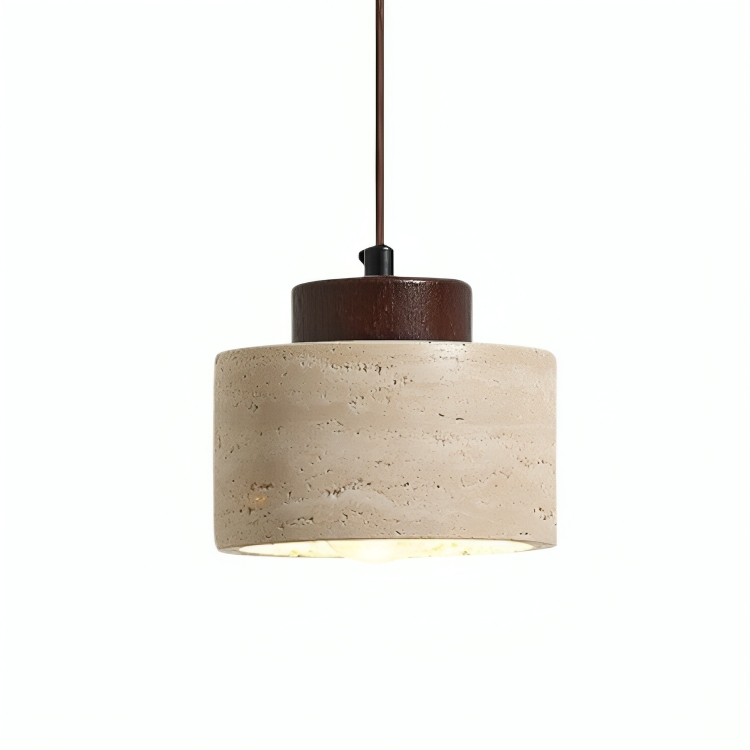 Pendant Lamp | Travertine Stone & Dark Wood | Modern Organic Cylindrical Design | Living Room Accent