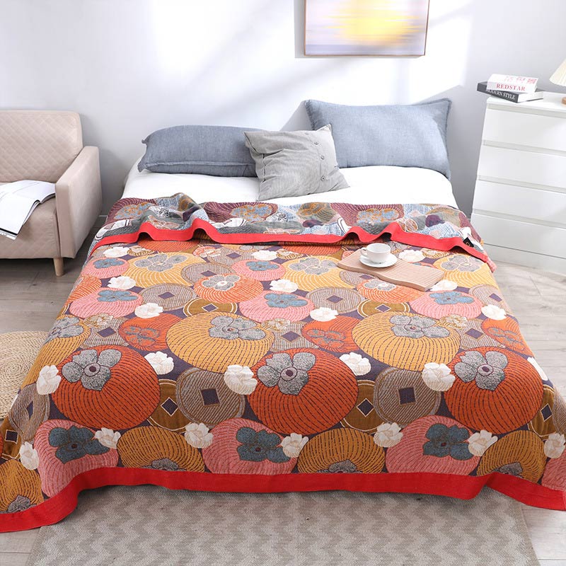 Cotton Gauze Reversible Quilt – Persimmon Jacquard Design – 100% Organic Cotton – Soft & Breathable for All Seasons