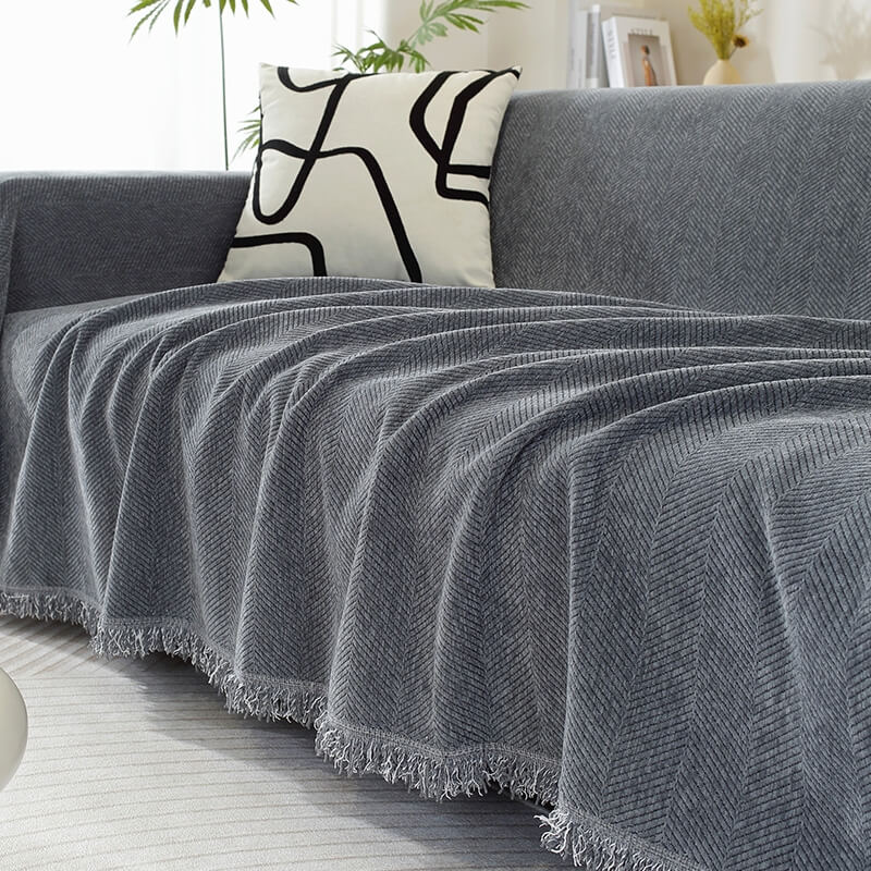 Blanket | Chenille | Herringbone Pattern & Tassel Edges | Living Room Accent
