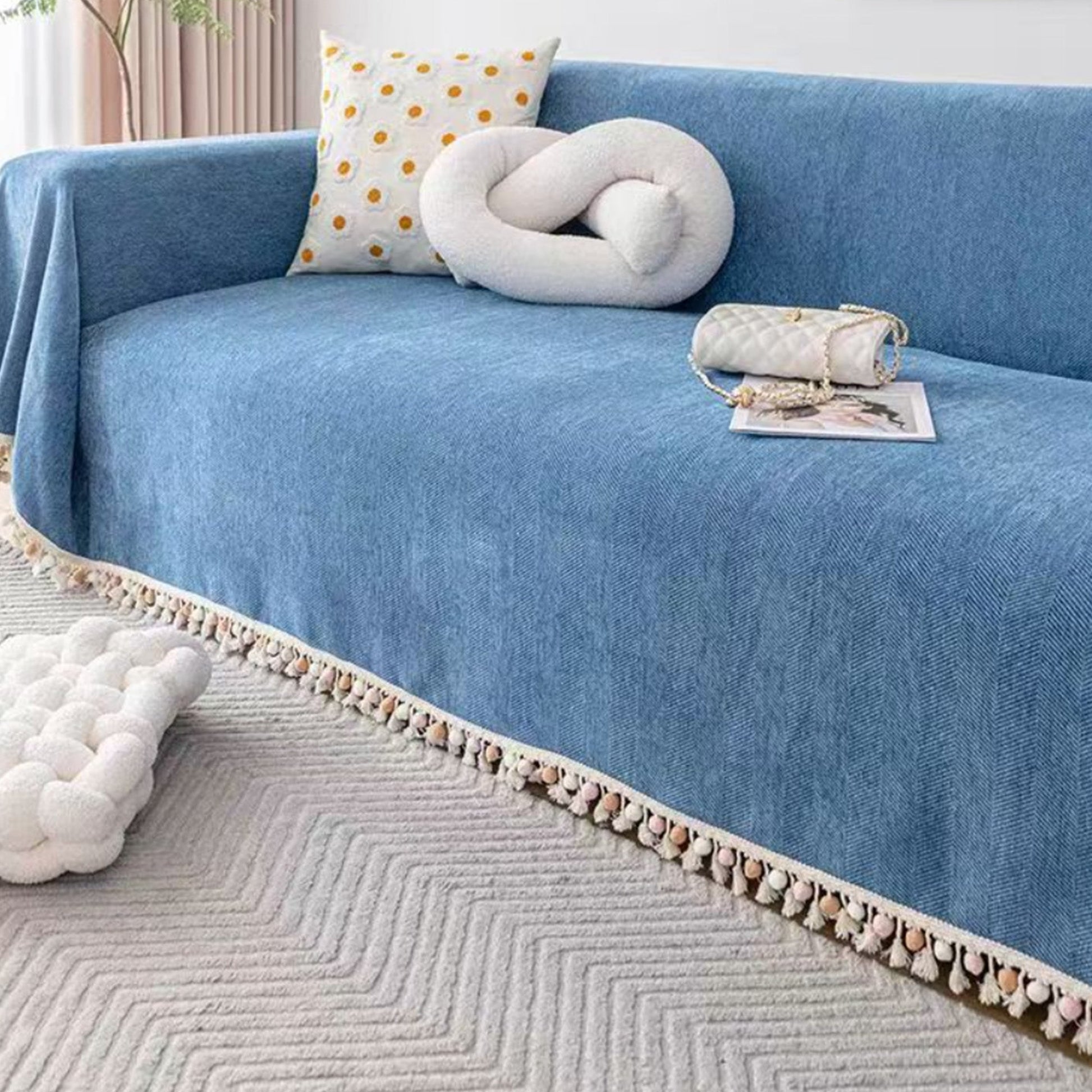 Sofa Cover | Cotton & Polyester Blend | Herringbone Tassel | Living Room Cozy Decor