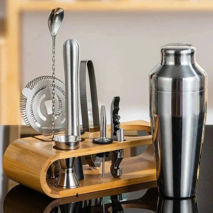 Cocktail Set | Stainless Steel & Bamboo | Polished Finish | Home Bar Setup