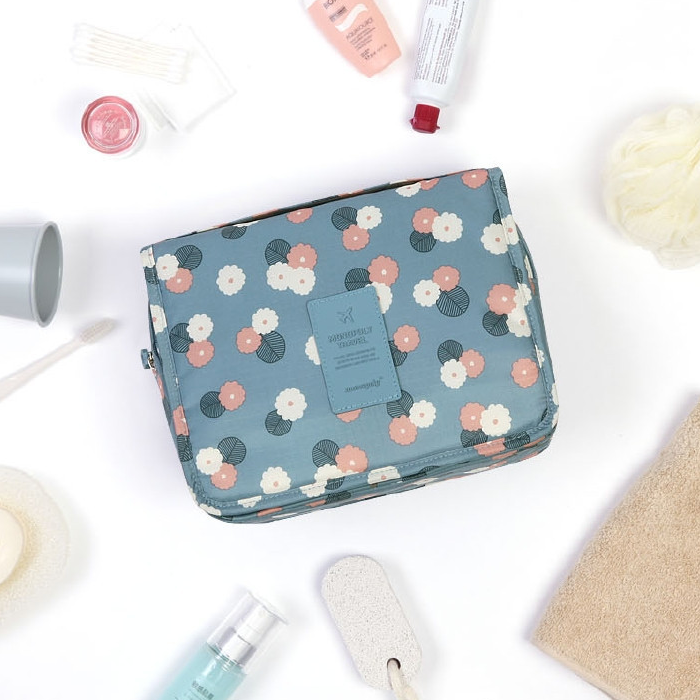 Travel Toiletry Bag with Hanging Hook - Waterproof Floral Organizer for Cosmetics