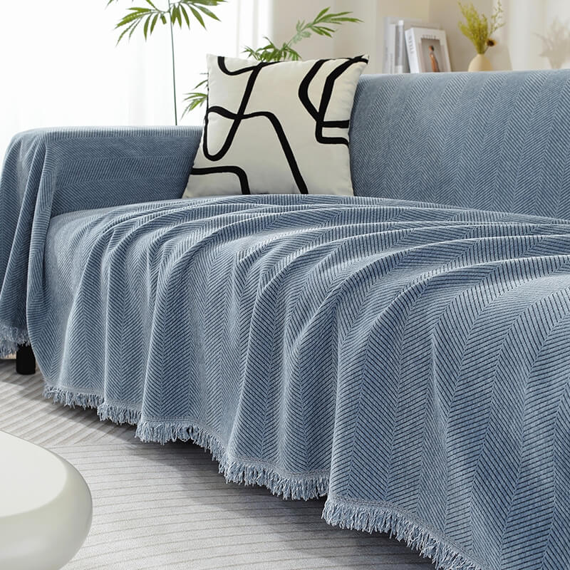 Blanket | Chenille | Herringbone Pattern & Tassel Edges | Living Room Accent
