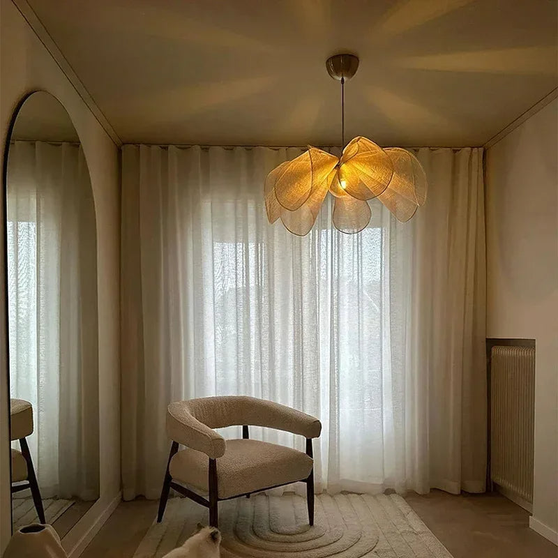 Pendant Light | Linen Fabric & Brushed Metal | Petal-Like Fabric Design | Living Room Accent