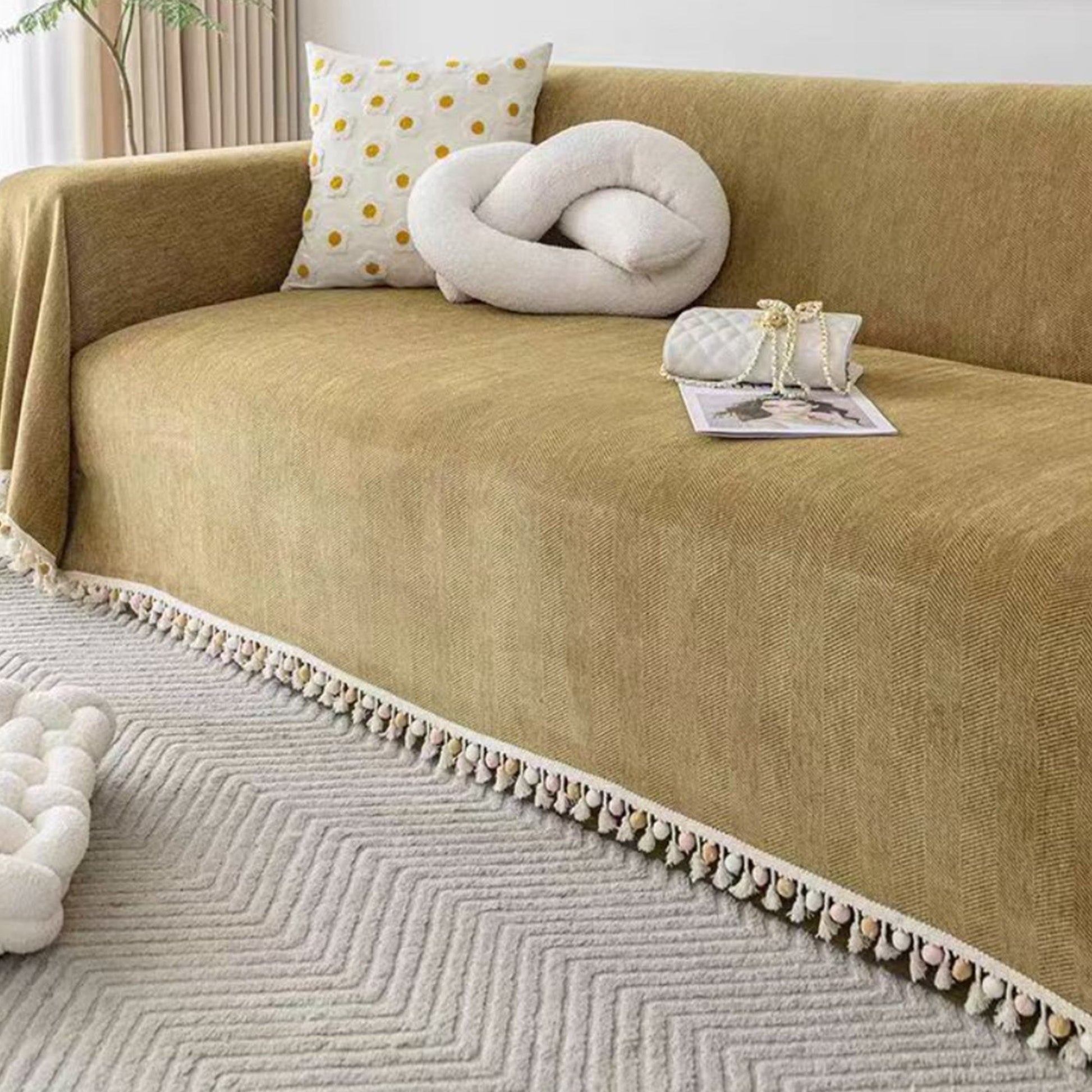 Sofa Cover | Cotton & Polyester Blend | Herringbone Tassel | Living Room Cozy Decor
