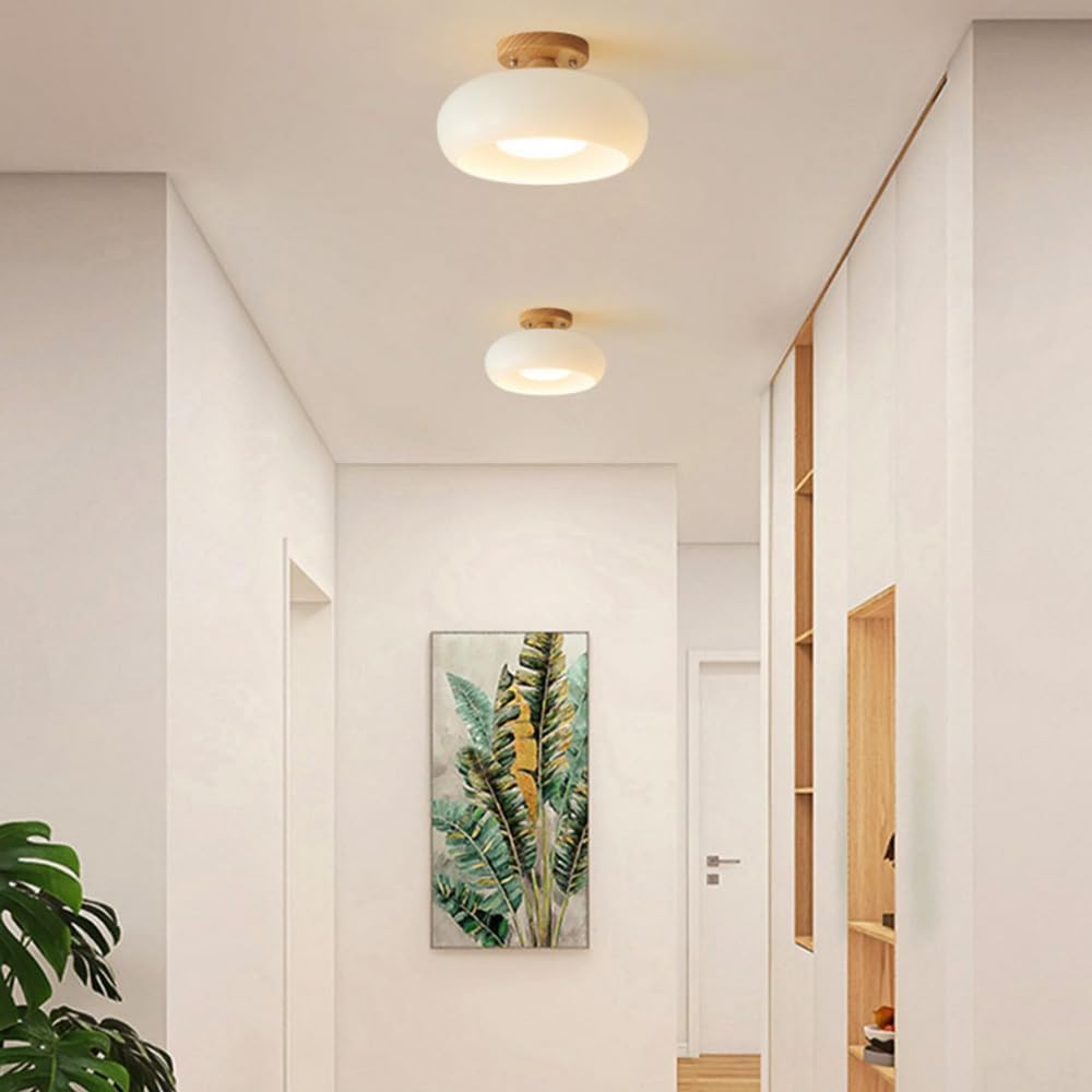 Modern Scandinavian LED Flush Mount Ceiling Light with Wood & Glass Design