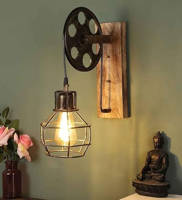 Industrial Rustic Wall Sconce - Vintage Wood & Metal Cage Light Fixture