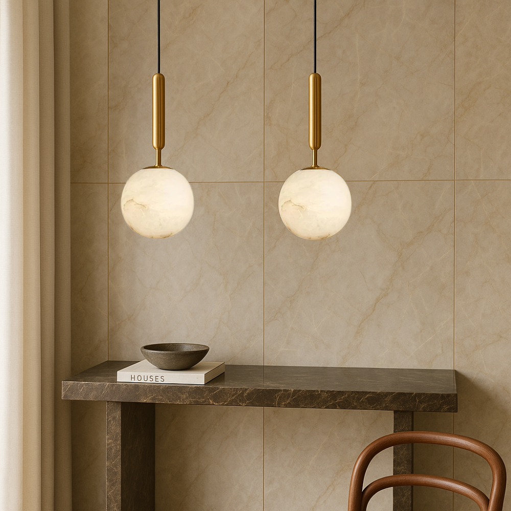 Pendant Light | Brass & Stone | Round Stone Shade | Living Room Accent