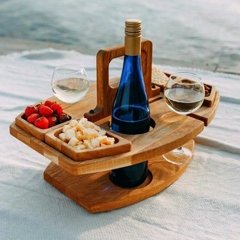 Portable Wine Table | Oak Wood | Integrated Bottle & Glass Holders | Outdoor Picnics