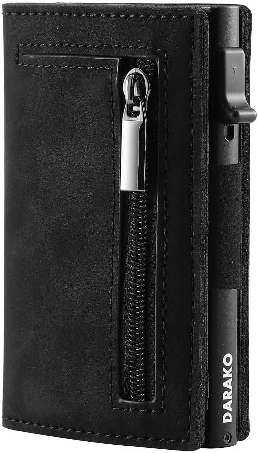 RFID Blocking Slim Leather Wallet with Card Ejection and Zipper Pocket
