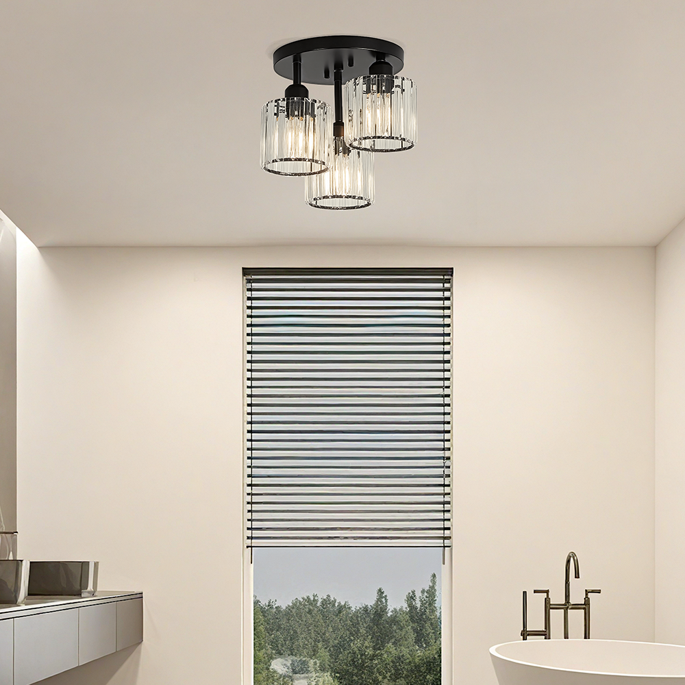 Modern Crystal Semi-Flush Ceiling Light with Ribbed Glass Shades – 3-Light Fixture
